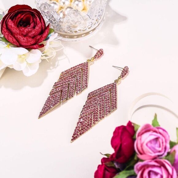 Yellow Gold with Pink Sapphire Crystal Rhombus Banquet Chandelier Post Earrings - Picture 2 of 4